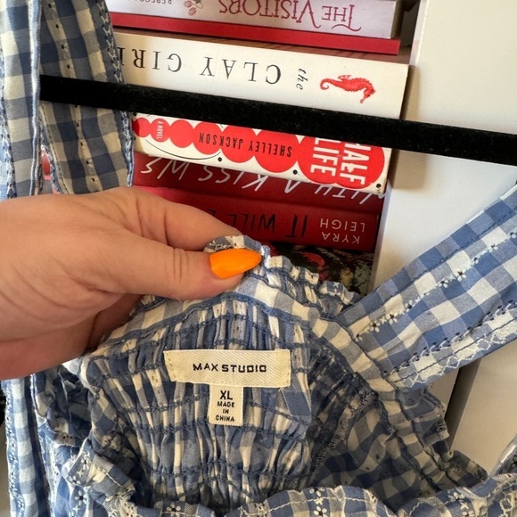 Max studio blue white gingham plaid checker tiered ruffle romantic maxi dress - Picture 7 of 8